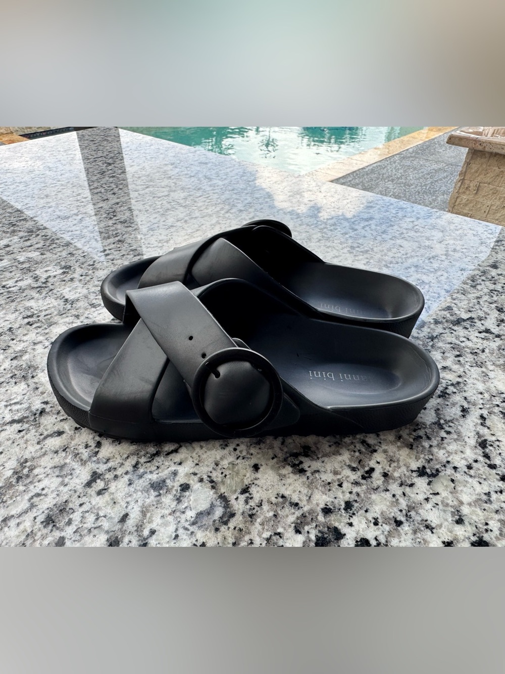 Gianni Bini Black Slide Sandals with Round Buckle